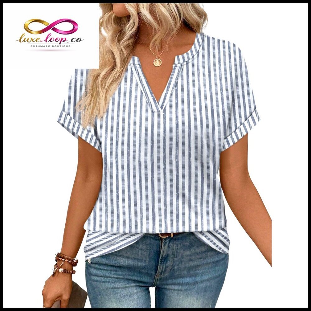V-Neck Short Sleeve Loose Fit T-Shirt, Polyester Spandex Blend, Spring Summer